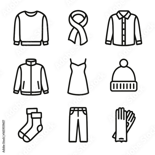 Soft Clothing Icons. Outline icon set of soft clothing: cashmere sweater, silk scarf, cotton shirt, fleece jacket, velvet dress,