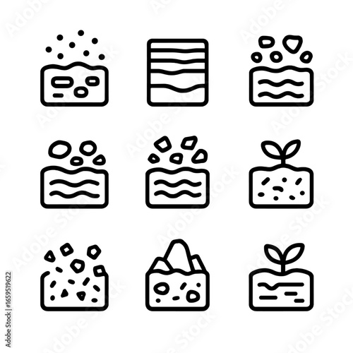Soil Types Icons. Outline icon set of soil types: sandy soil, clay soil, loamy soil, peaty soil, chalky soil, silty soil, saline