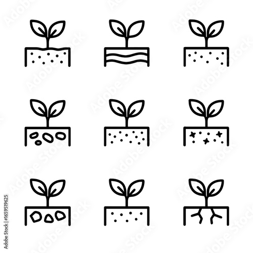 Soil Types Icons. Outline icon set of grove soil types: sandy soil, clay soil, loam, peat, silt, chalky soil, rocky soil, fertile