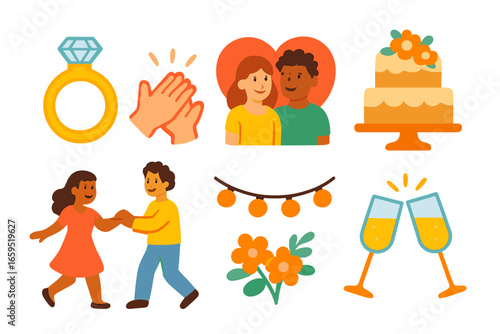 Engagement Celebration Icons. Flat vector mini-illustrations Engagement party with friends in colors