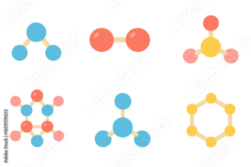 Colorful Molecule Icons. Flat vector mini-illustrations molecule structures in colors children's illustrations: water molecule,