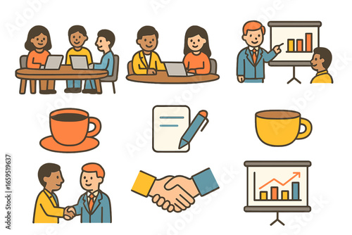 Entrepreneur Meeting Icons. Flat vector mini-illustrations entrepreneurs meeting with clients in a conference