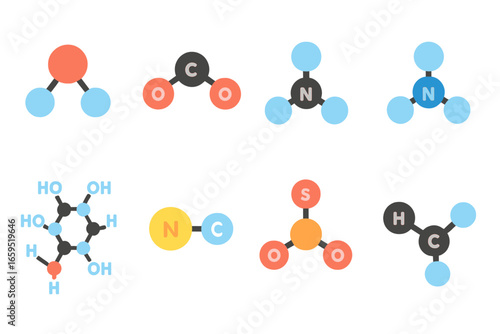 Colorful Molecule Icons. Flat vector mini-illustrations compound molecules in colors children's illustrations: water molecule,
