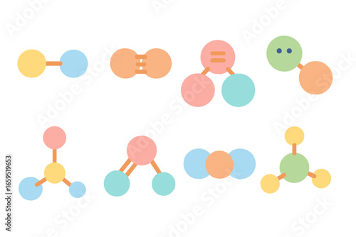 Colorful Molecular Bonds. Flat vector mini-illustrations covalent bonds in colors children's illustrations: single bond, double