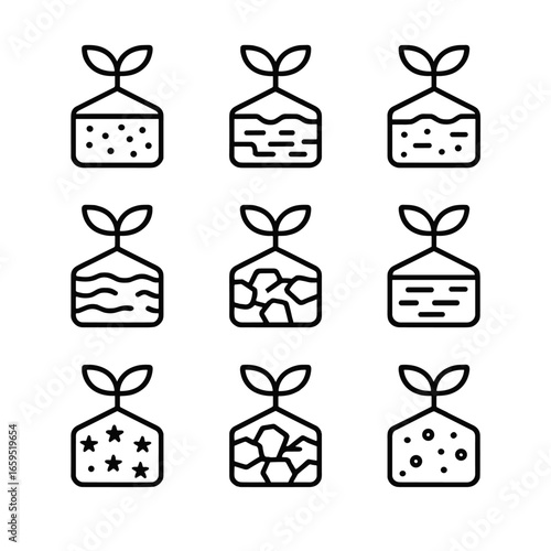 Soil Types Icons. Outline icon set of soil types: sandy soil, clay soil, loamy soil, peaty soil, chalky soil, silty soil, saline