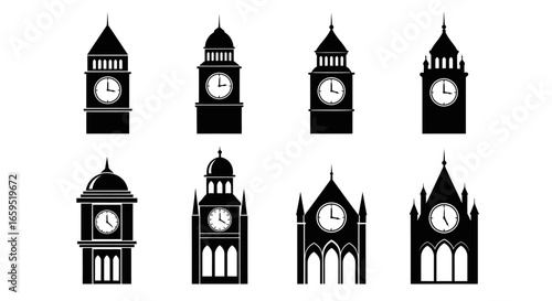 A collection of eight stylized black clock tower silhouettes, varying in architectural detail.