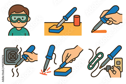 Soldering Safety Tips. Flat vector mini-illustrations soldering do's and don'ts in colors children's illustrations: wear goggles,