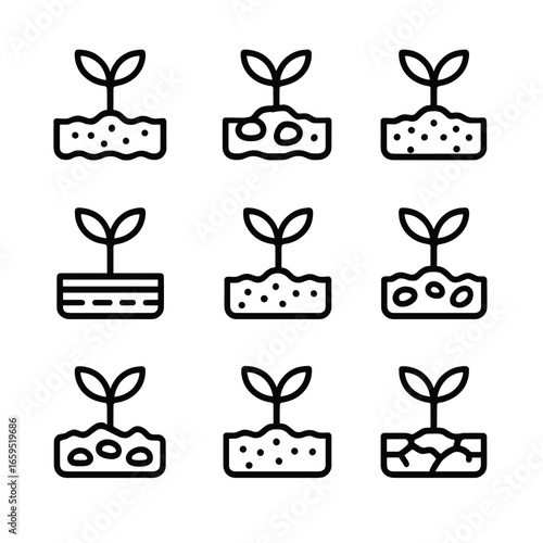 Soil Types Icons. Outline icon set of grove soil types: sandy soil, clay soil, loam, peat, silt, chalky soil, rocky soil, fertile
