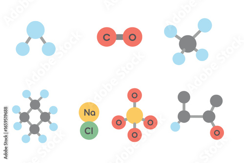 Colorful Molecule Icons. Flat vector mini-illustrations compound molecules in colors children's illustrations: water molecule,