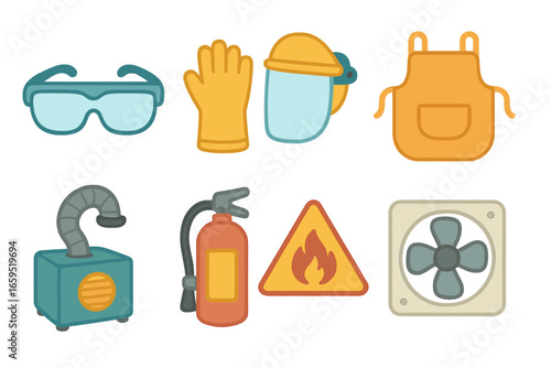 Soldering Safety Gear Icons. Flat vector mini-illustrations soldering safety gear in colors children's illustrations: safety