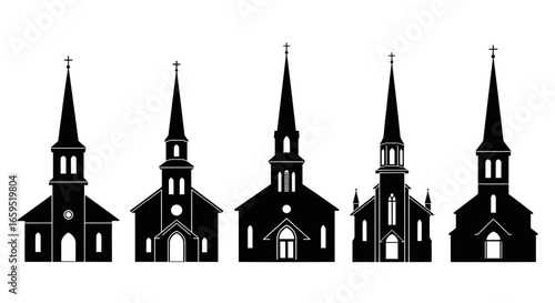 Silhouette illustrations of various church buildings, showcasing architectural styles.