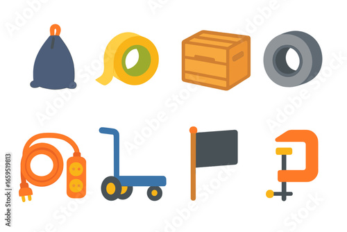 Set Equipment Icons. Flat vector mini-illustrations of set equipment in colors children's illustrations: