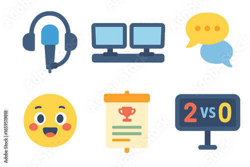 Esports Booth Icons. Flat vector mini-illustrations Esports commentator booth in colors children's