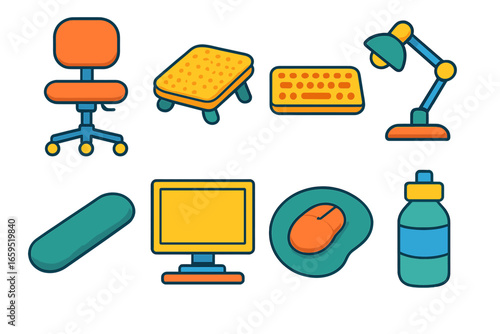 Ergonomic Home Office Icons. Flat vector mini-illustrations Ergonomic home office items in colors children's