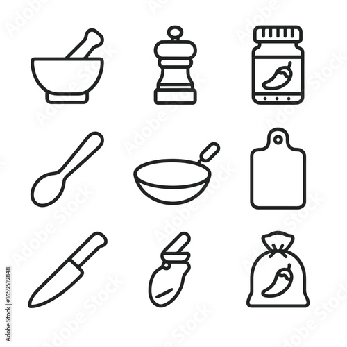 Spicy Cooking Tools Icons. Outline icon set of spicy cooking tools: mortar and pestle, spice grinder, chili flakes jar, oil bottle