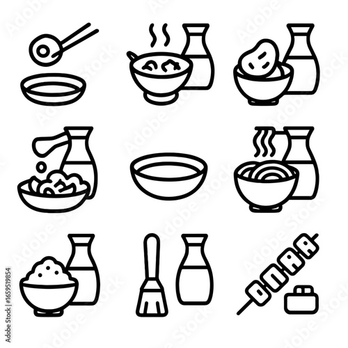 Soy Sauce Uses Icons. Outline icon set of soy sauce culinary uses: sushi dipping, stir-fry sauce, marinade, salad dressing,