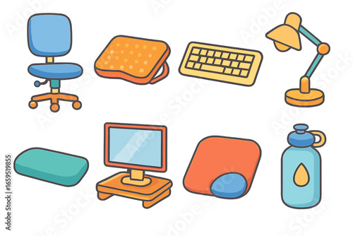 Ergonomic Home Office Icons. Flat vector mini-illustrations Ergonomic home office items in colors children's