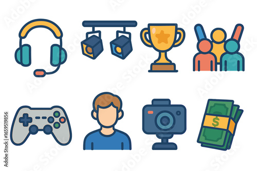 Esports Icons Grid. Flat vector mini-illustrations Esports competition in colors children's illustrations: