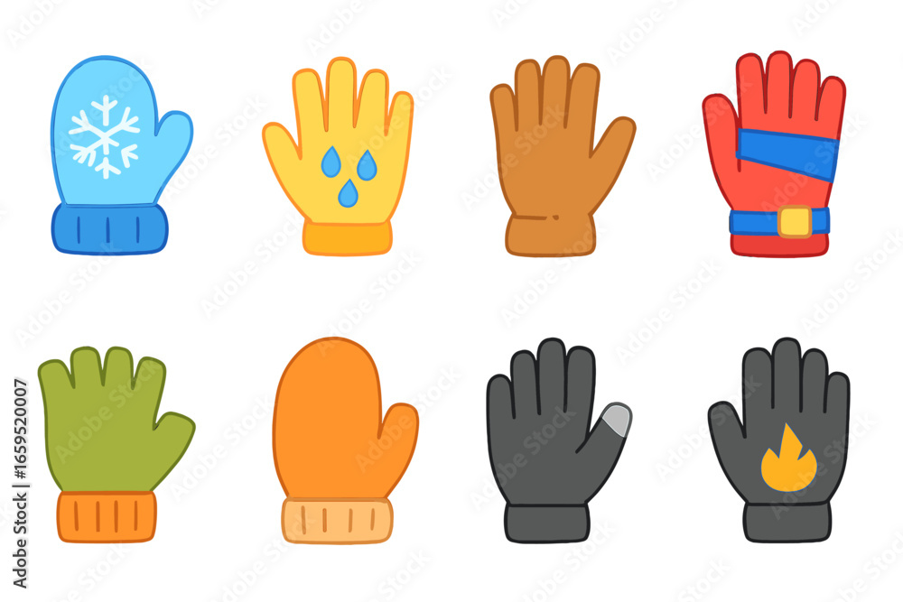 Fototapeta premium Colorful Seasonal Gloves. Flat vector mini-illustrations seasonal gloves in colors children's illustrations: snow gloves, rain