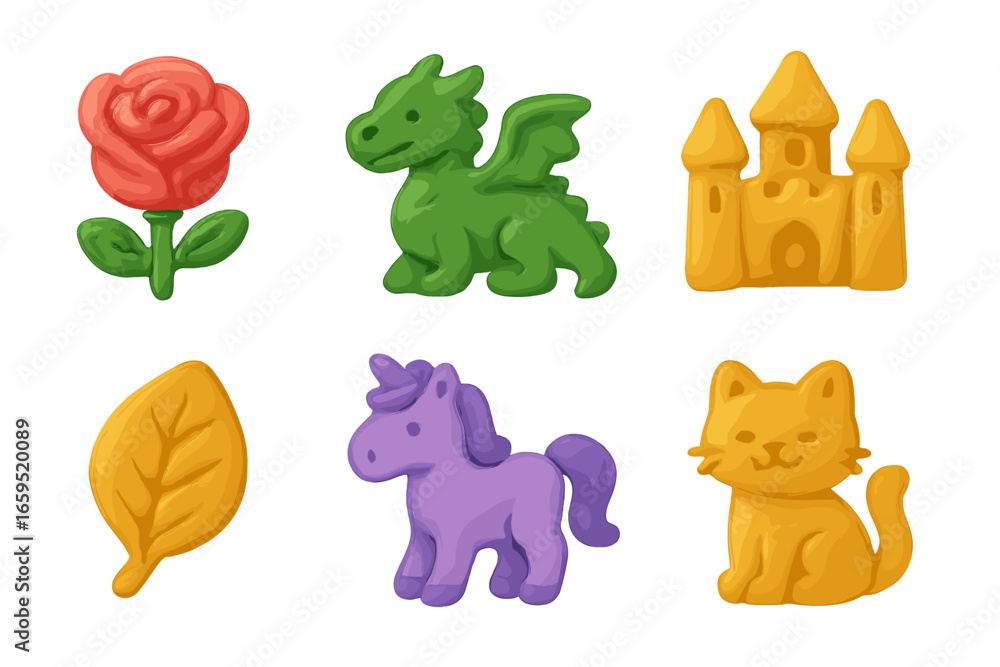 Fototapeta premium Colorful Wax Sculptures. Flat vector mini-illustrations artistic wax sculptures in colors children's illustrations: wax rose, wax
