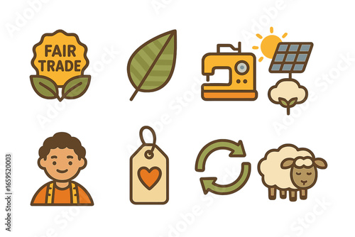 Ethical Fashion Icons. Flat vector mini-illustrations ethical fashion practices in colors children's