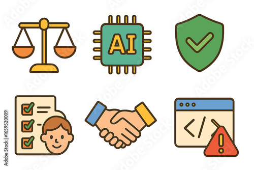 Ethical AI Icons. Flat vector mini-illustrations Ethical AI use in colors children's illustrations: balance