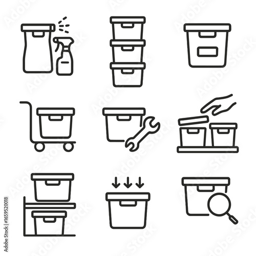 Storage Bin Icons. Outline icon set of storage bin maintenance: cleaning, stacking, labeling, moving, repairing, organizing,