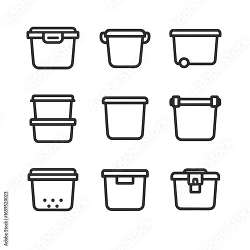 Storage Bin Icon Set. Outline icon set of storage bin features: airtight lid, handles, wheels, stackable design, transparent body,