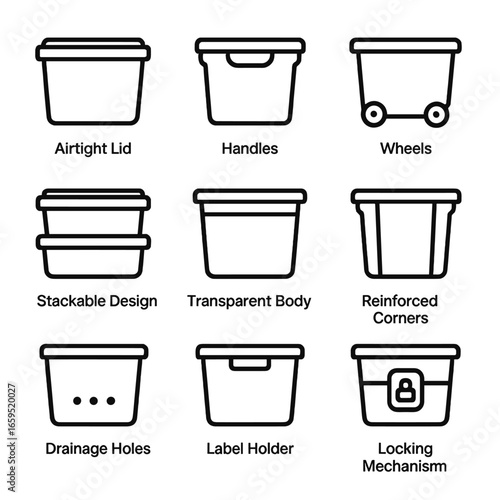 Storage Bin Icon Set. Outline icon set of storage bin features: airtight lid, handles, wheels, stackable design, transparent body,