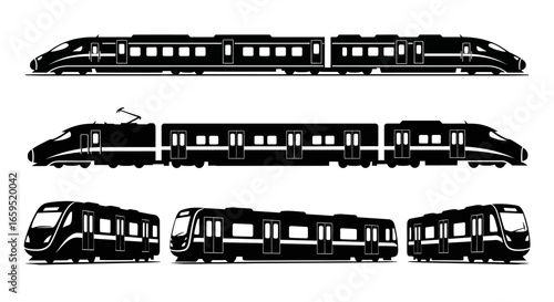 Three different train silhouettes, including high-speed rail and subway cars, depicted in black against a white background.