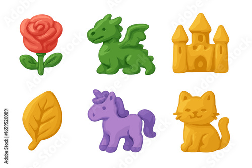 Colorful Wax Sculptures. Flat vector mini-illustrations artistic wax sculptures in colors children's illustrations: wax rose, wax