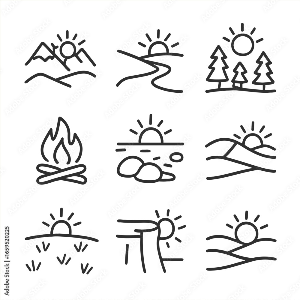 Fototapeta premium Sunset Landscape Icons. Outline icon set of sunset landscape: mountain range, valley, river bend, tree line, campfire glow, rocky