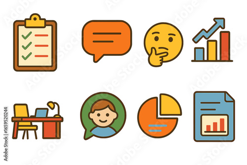 Exit Interview Icons. Flat vector mini-illustrations Exit interview analysis in colors children's