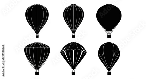 Six different silhouette illustrations of hot air balloons in various shapes and designs against a white background.