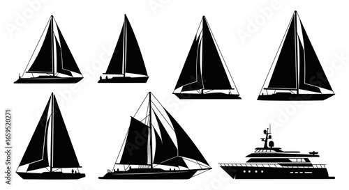 Silhouettes of various sailboats and yachts, showcasing different designs and perspectives.