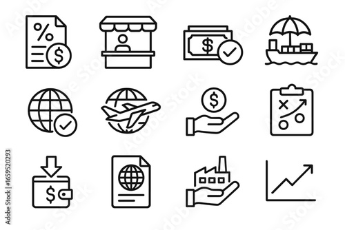 Export Incentives Icons. Outline icon set of export incentives and policies: tax rebate, trade fair booth,