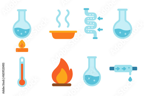 Distillation Process Icons. Flat vector mini-illustrations distillation process in colors children's illustrations: heating liquid