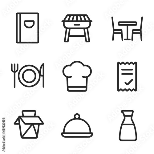 Teriyaki Icon Set. Outline icon set of teriyaki restaurant items: menu, grill station, dining table, plate setting, chef hat,