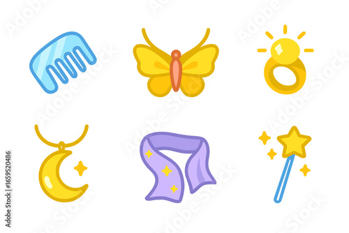 Fairy Queen Accessories. Flat vector mini-illustrations Fairy queen's accessories in colors children's