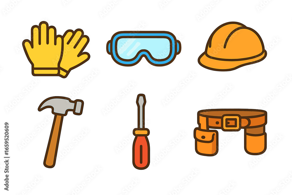 Fototapeta premium Tool Safety Icons. Flat vector mini-illustrations tool safe handling in colors children's illustrations: safety gloves, goggles,
