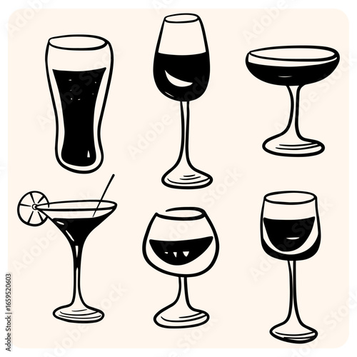 Hand-drawn cocktail and wine glasses doodles.