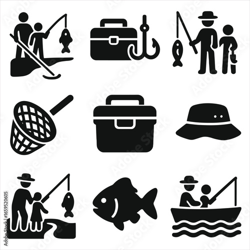 Family Fishing Icons. Solid, filled icons set of families fishing outdoors: fishing rods, tackle box, bait,