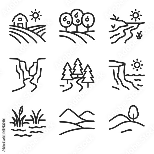 Earthy Landscape Icons. Outline icon set of earthy landscapes: farm field, orchard, riverbank, canyon, forest trail, coastal cliff