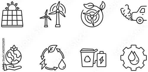 Sustainability ESG icon set. Thin line editable stroke icons for renewable energy, recycling, environmental impact, carbon footprint, green practices, water reuse, and planet care