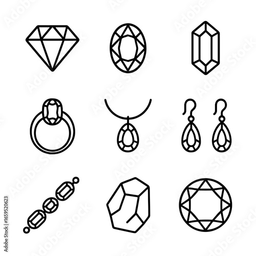 Topaz Icon Collection. Outline icon set of topaz: topaz gemstone, blue topaz, imperial topaz, topaz ring, topaz necklace, topaz