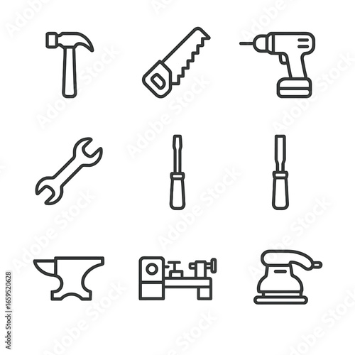 Tool Icon Set. Outline icon set of material tools: hammer, saw, drill, wrench, screwdriver, chisel, anvil, lathe, sander. Line