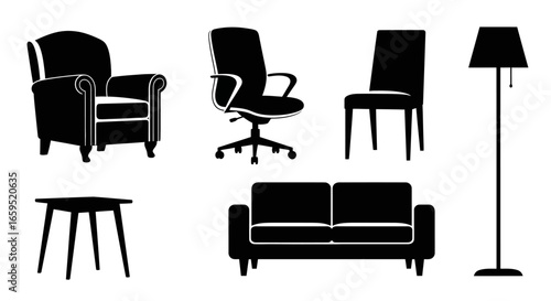 Silhouette illustration of furniture including a sofa, armchair, office chair, dining chair, table, and floor lamp, all in black against a white background.