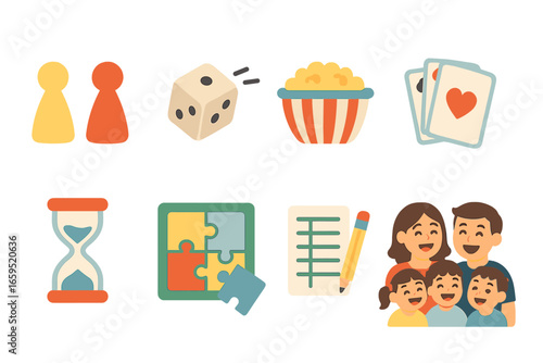 Family Game Night Highlights. Flat vector mini-illustrations family game night in colors children's