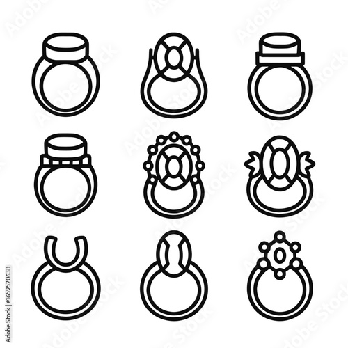 Topaz Setting Icons. Outline icon set of topaz settings: bezel setting, prong setting, channel setting, pave setting, halo setting