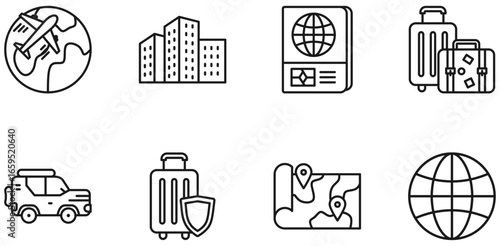 Travel and tourism icon set. Thin line editable stroke icons for trip planning, vacation, hotel booking, transportation, passports, luggage, maps, summer holidays